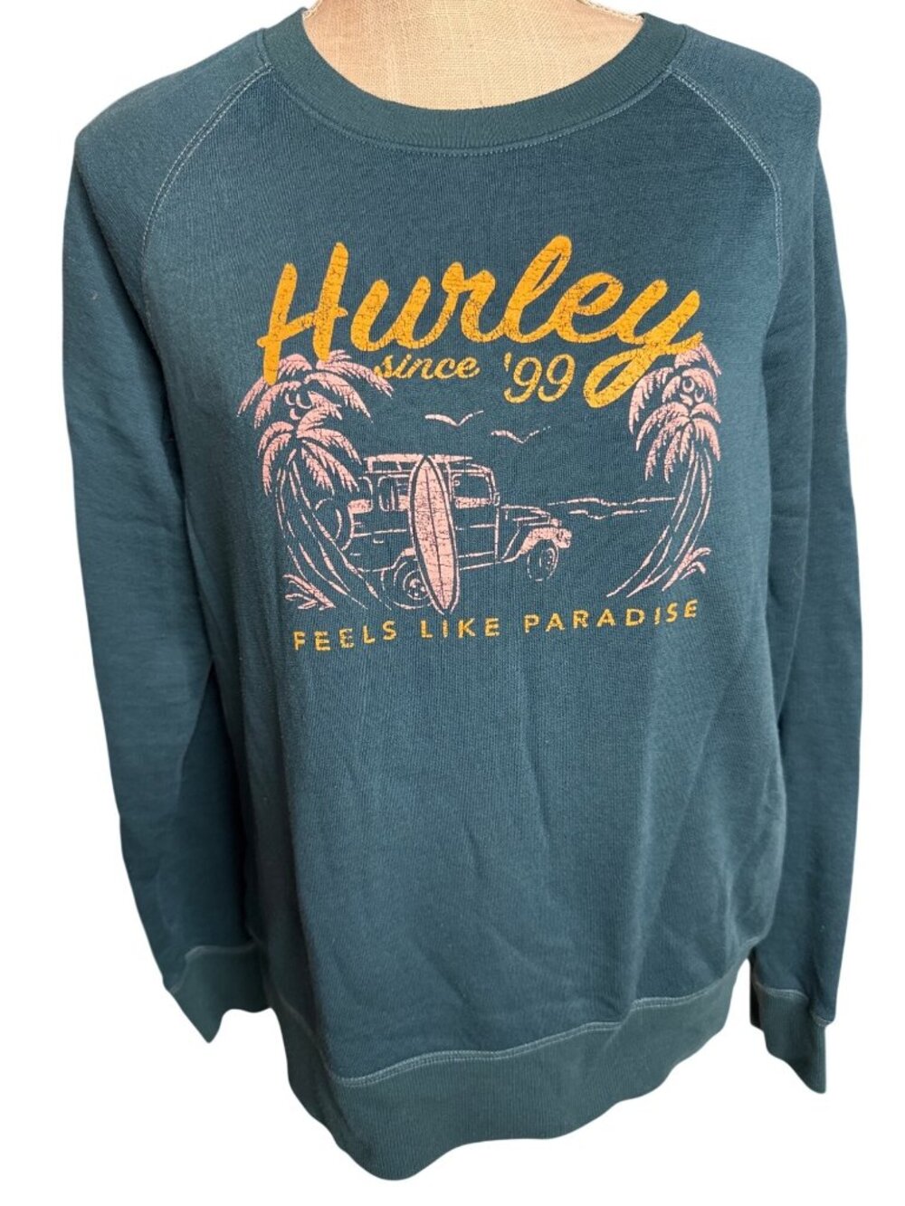 Hurley Graphic Sweatshirt Teal Long Sleeve Crewneck Feels Like Paradise Print S